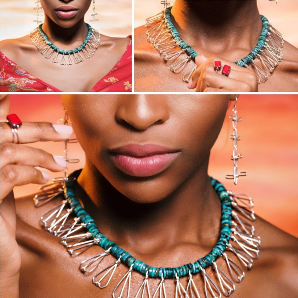 Sterling Silver‎ Bohemian Turquoise Heishi Style Fringe Collar Necklace - Picture 10 of 12